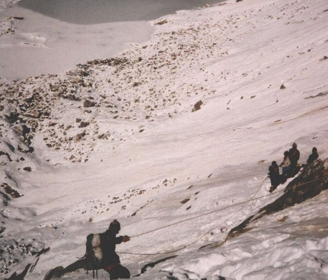 Descending Cliffs to Glacier Lake beneath Tilman's Pass