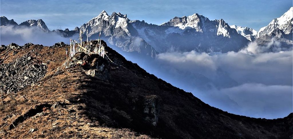 Tilman's Pass in the Jugal Himal from above Panch Pokhari