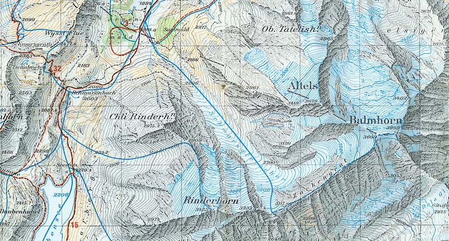 Map and ascent route of Rinderhorn in the Bernese Oberlands of Switzerland