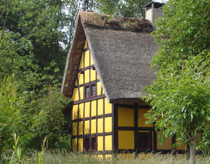 Half-timbered, thatched-roof, traditional-style house at the Open Air Museum at Kommern of Traditional Architecture in Germany