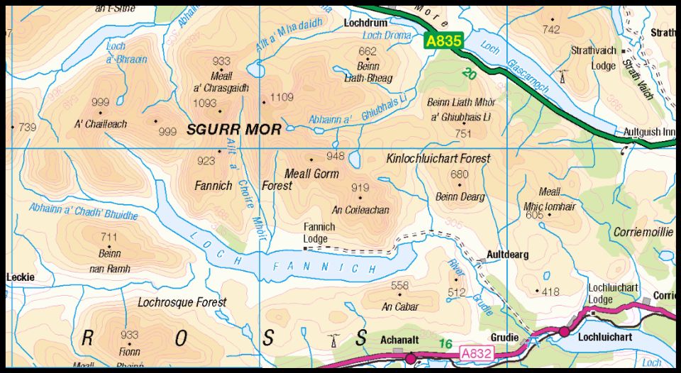 Map of The Fannichs in the North West Highlands of Scotland