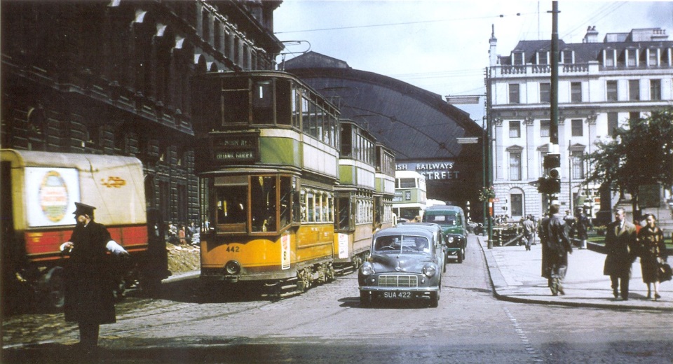 Tram cars in George Square in Glasgow city centre