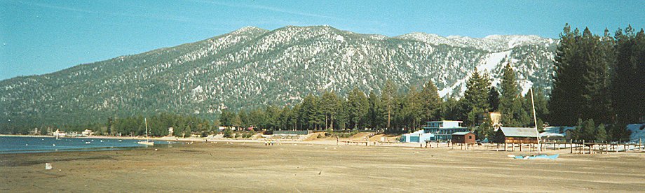 Lake Tahoe in springtime ( From southern shore looking east to Heavenly Ski Resort, State line, and East Peak )